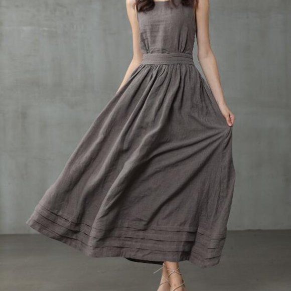 cross back linen dress maxi dress gray apron dress
